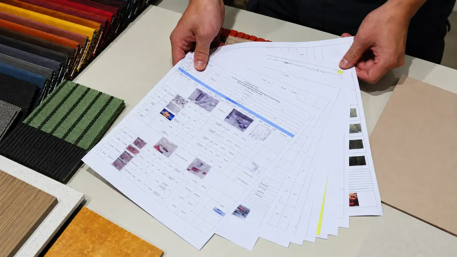 Auditor reviewing building material schedules and finish samples during supplier document verification
