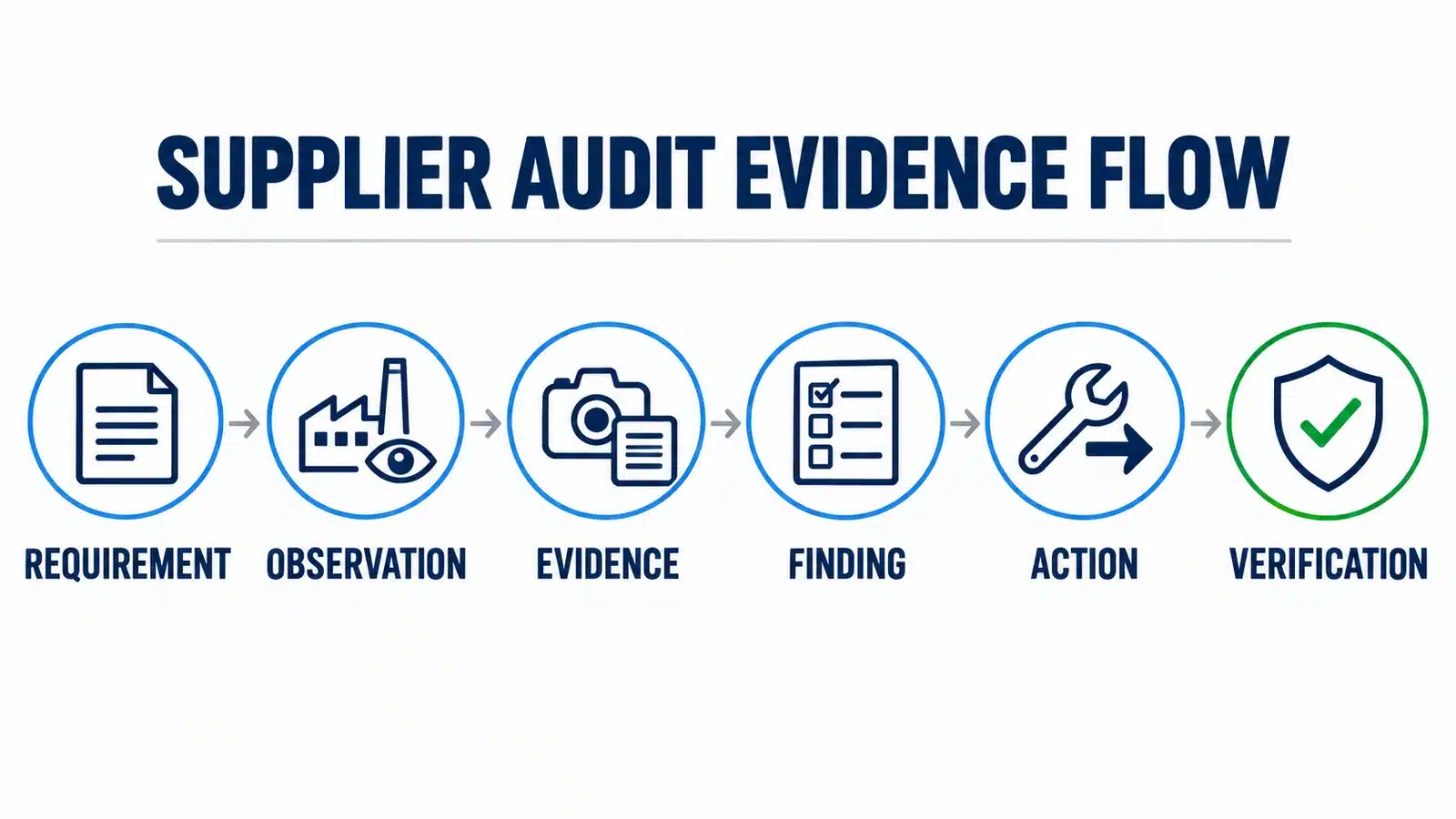 Supplier audit evidence flow from requirement and observation through finding corrective action and verification