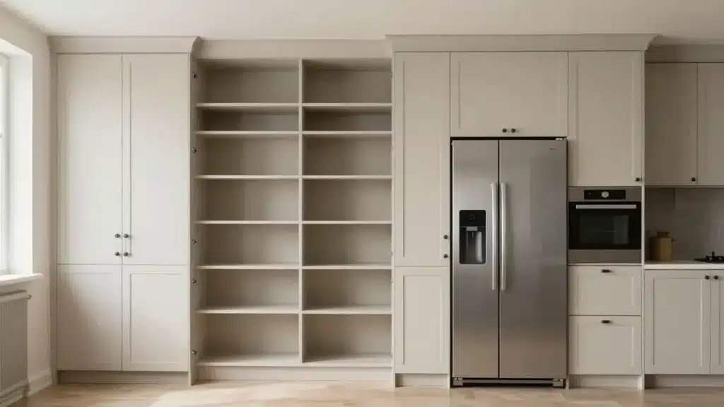 Tall pantry cabinet beside a refrigerator and built in oven in a fitted kitchen