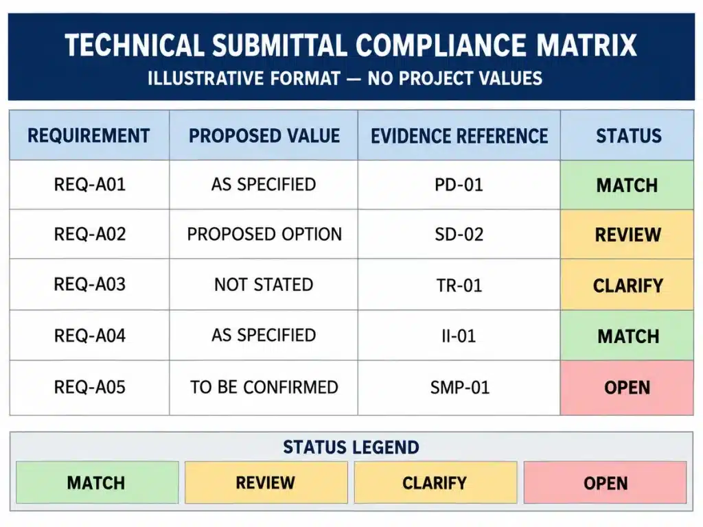 Technical submittal compliance matrix comparing specification requirements with submitted evidence