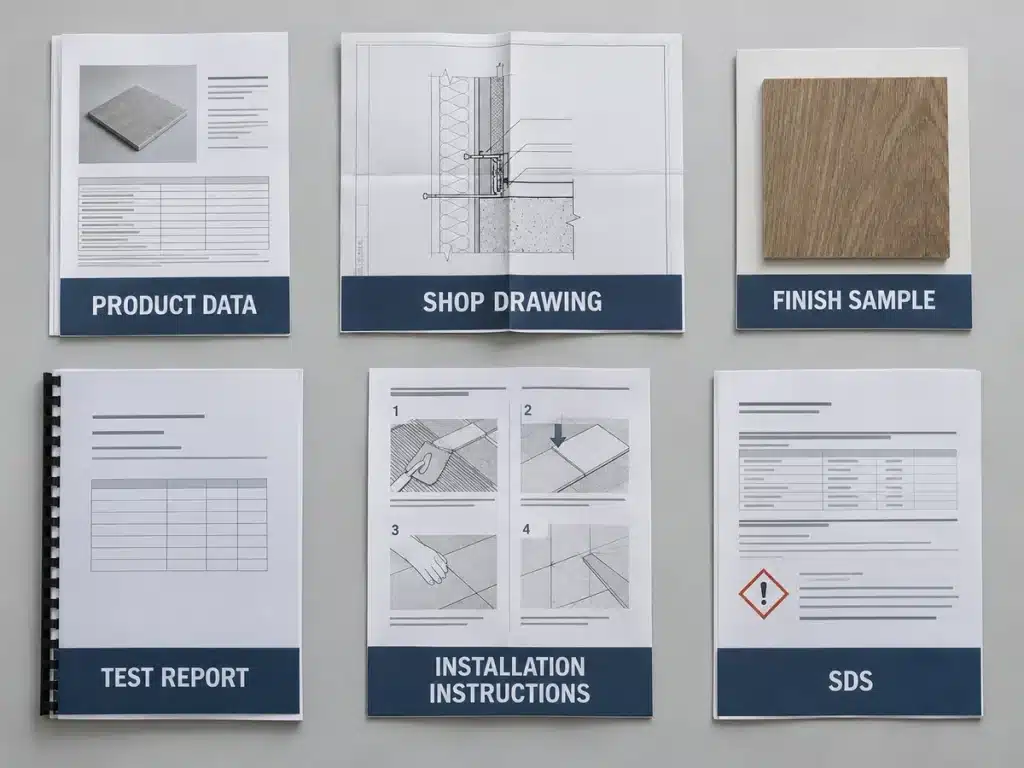Technical submittal document types including product data drawings samples and test reports