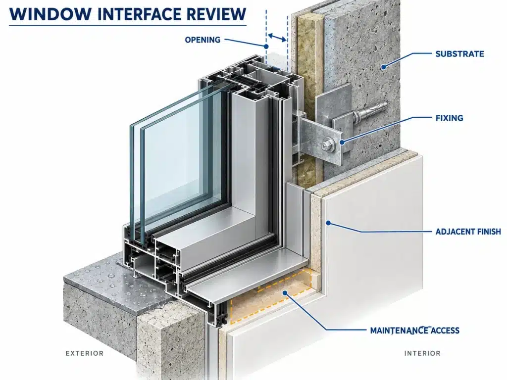 Building material submittal interface review showing dimensions fixings and adjacent work
