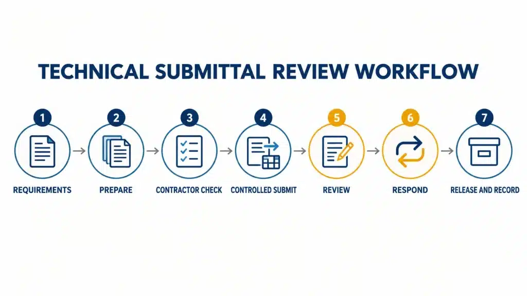 Technical submittal review workflow from requirements and contractor checks to controlled release