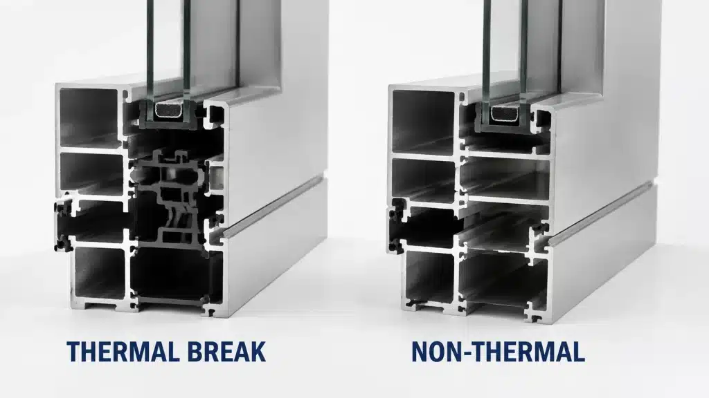 Thermally broken and non-thermal aluminum window frame samples side by side