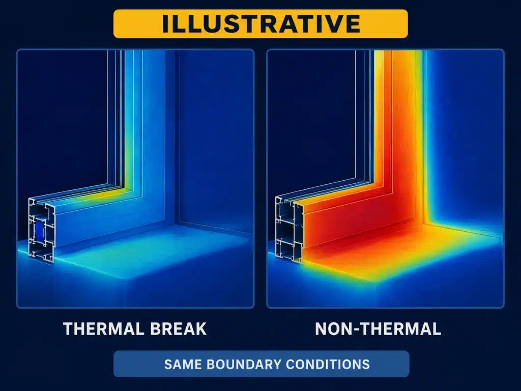 Illustrative surface-temperature comparison of thermal break and non-thermal window frames
