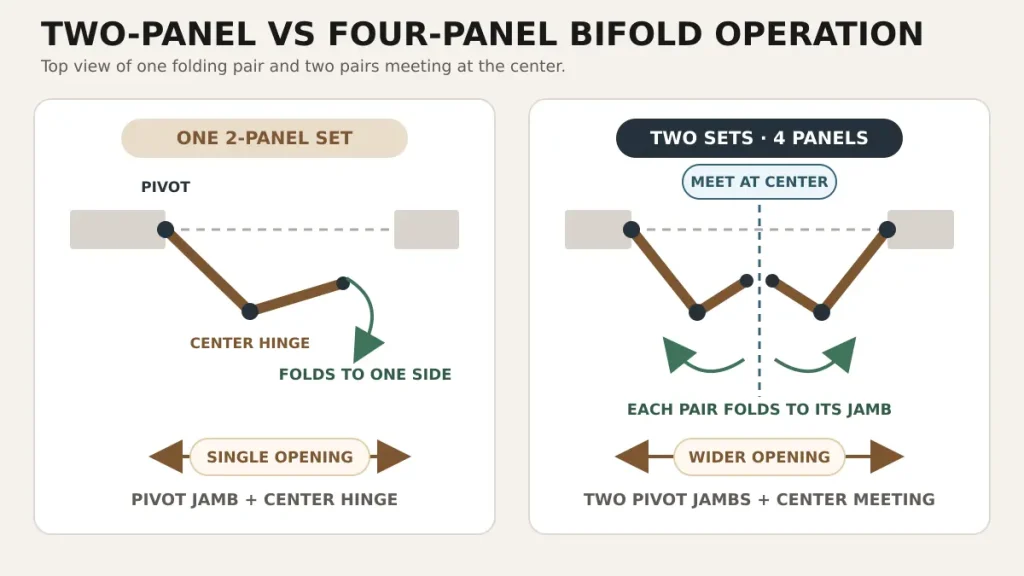 Two-panel and four-panel bifold door configurations for different opening widths