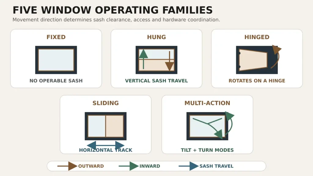 Diagram showing fixed, hung, hinged, sliding and tilt-and-turn window opening types
