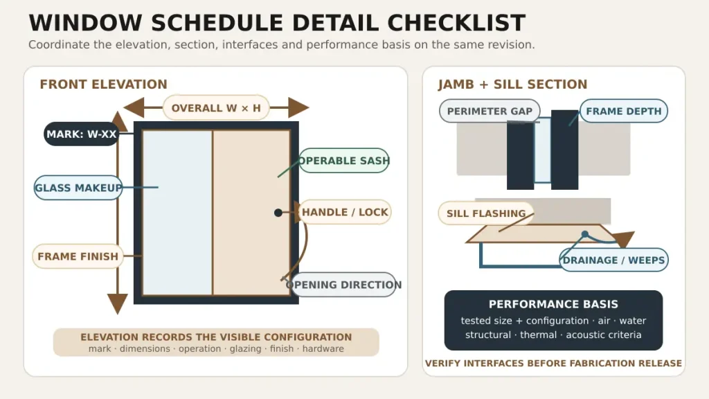 Annotated window schedule showing size, operation, glazing, finish, hardware and installation details