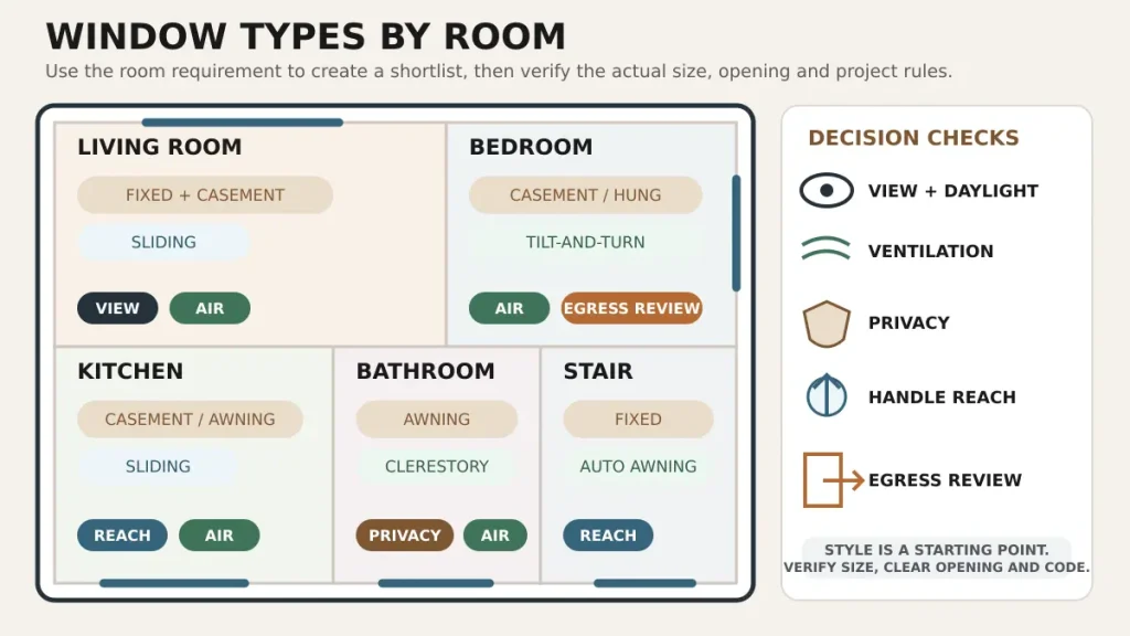 Window type suggestions for living room, bedroom, kitchen, bathroom and stair spaces