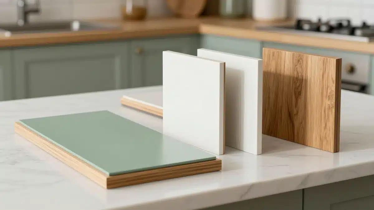 Green and white cabinet panel samples beside wood-grain samples on a countertop