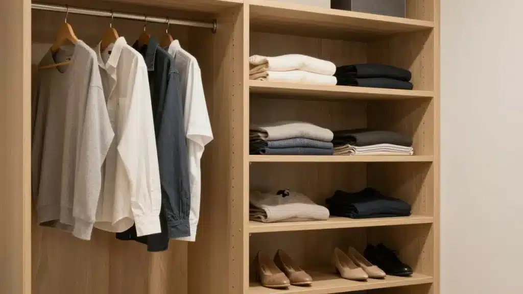 Closet section with a hanging rail folded clothing shelves and shoe storage