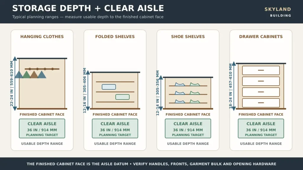 Closet storage depth diagram for hanging clothes shelves shoes and drawers