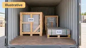 Illustrative building material pallets and protective crates inside a shipping container