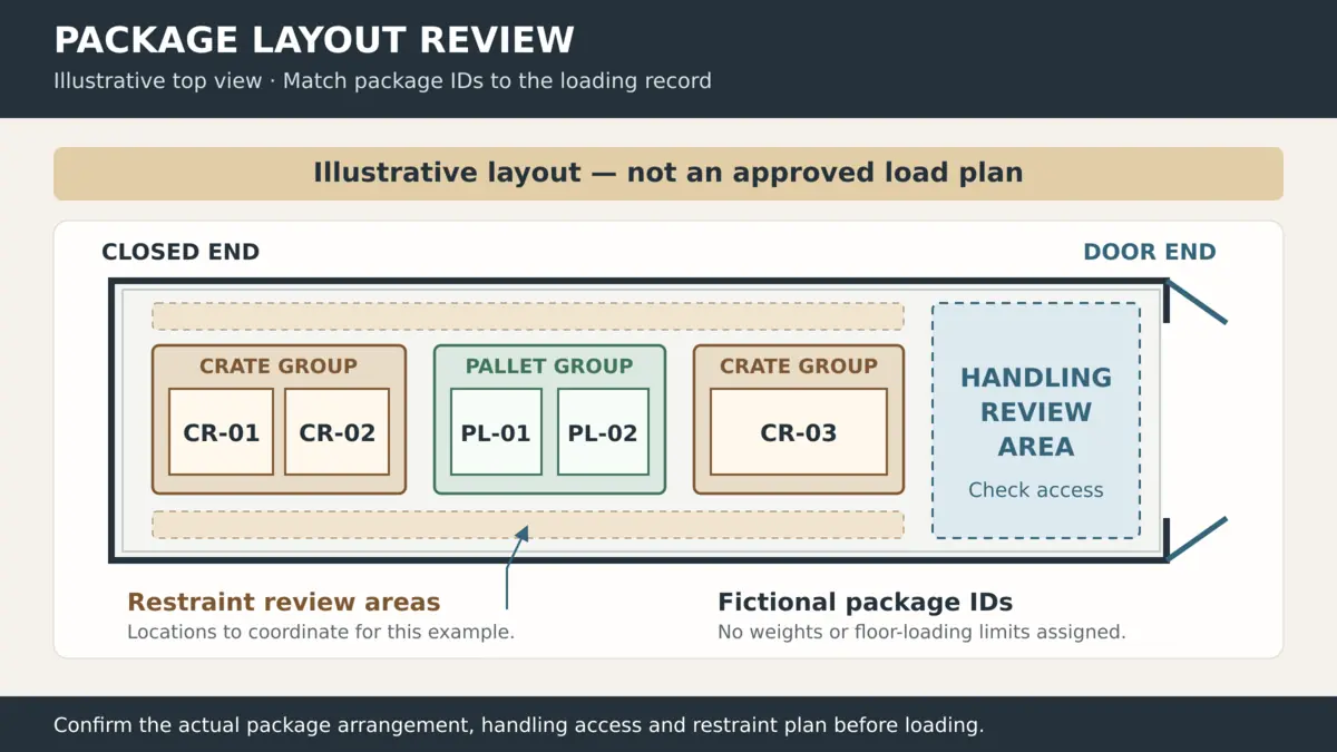 Illustrative container plan showing identified pallet and crate positions and the door end
