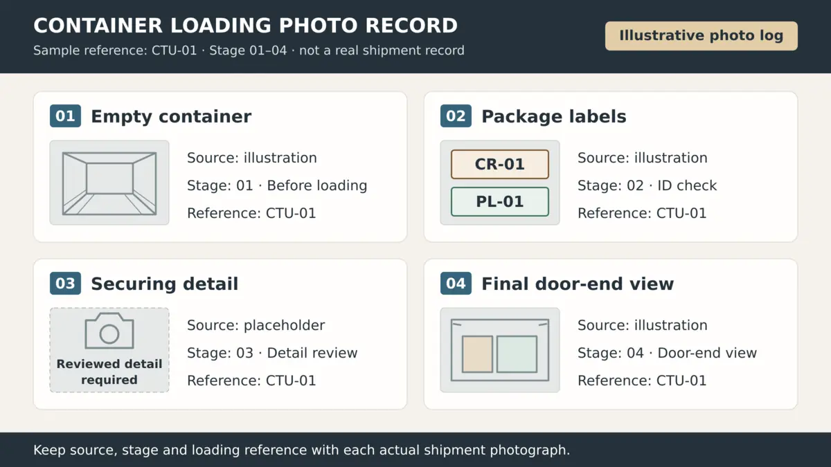Illustrative loading photo record linking container identity package labels securing details and final door views