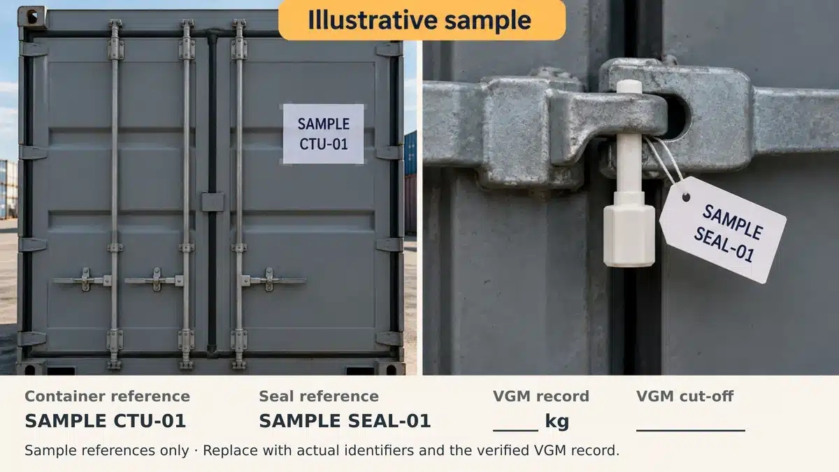 Illustrative container identifier and fitted seal number matched to dispatch record fields