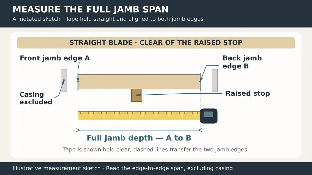Diagram showing the full door jamb depth measured between its edges without wrapping over the raised stop