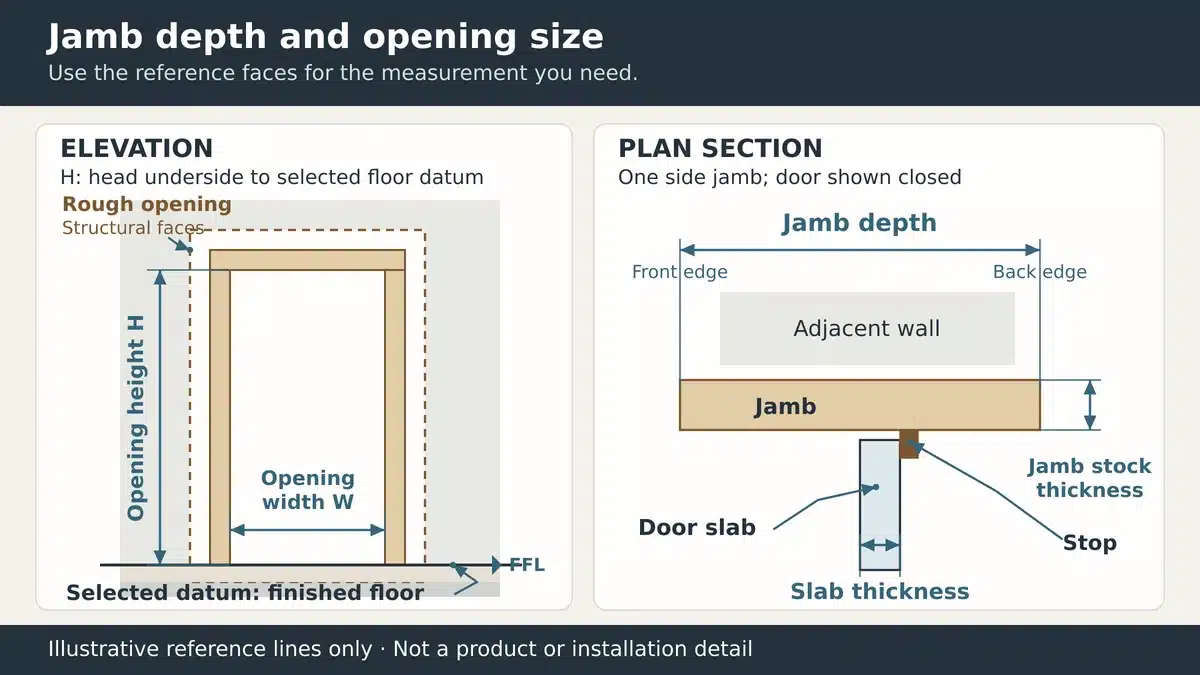 Comparison of door jamb depth opening width slab thickness and rough opening reference points