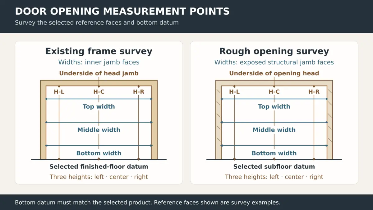 Door survey diagrams showing multiple width and height readings with labeled frame and rough opening datums