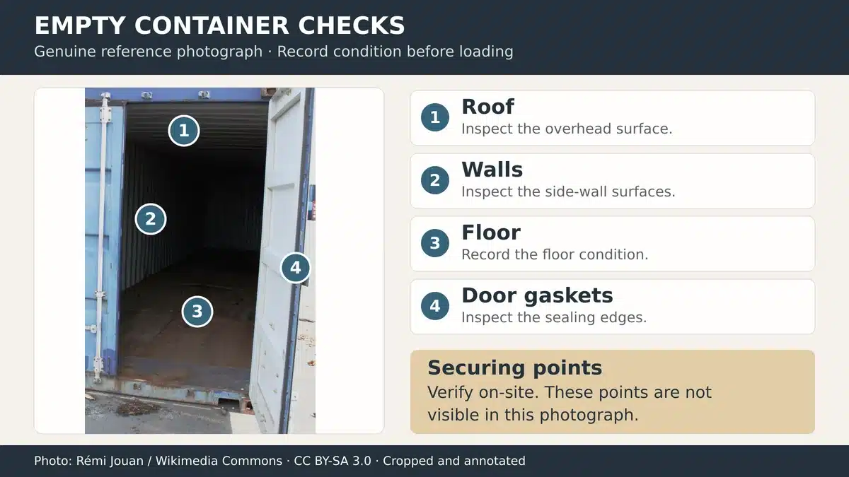 Empty container inspection graphic identifying the floor walls roof door gaskets and securing points