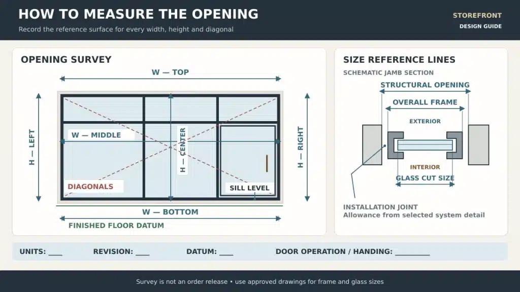 Storefront survey drawing showing opening widths heights diagonals floor level and separate frame and glass dimensions