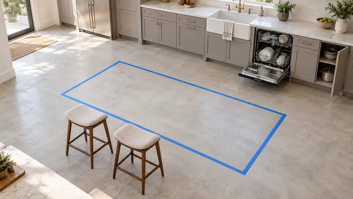 Kitchen floor marked with an island outline stools and open appliance positions for a layout test