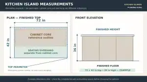 Kitchen island measurements shown in plan and elevation with finished length depth height and seating overhang