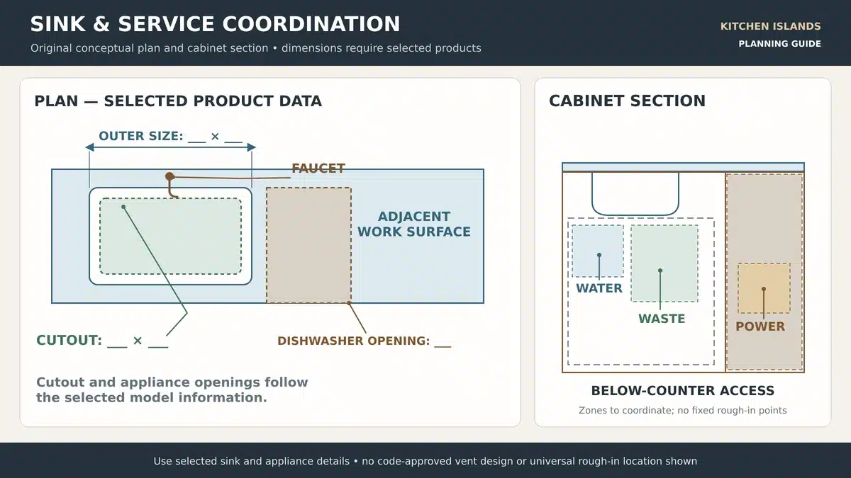Island plan and section showing sink cutout dishwasher opening adjacent worktop and service access