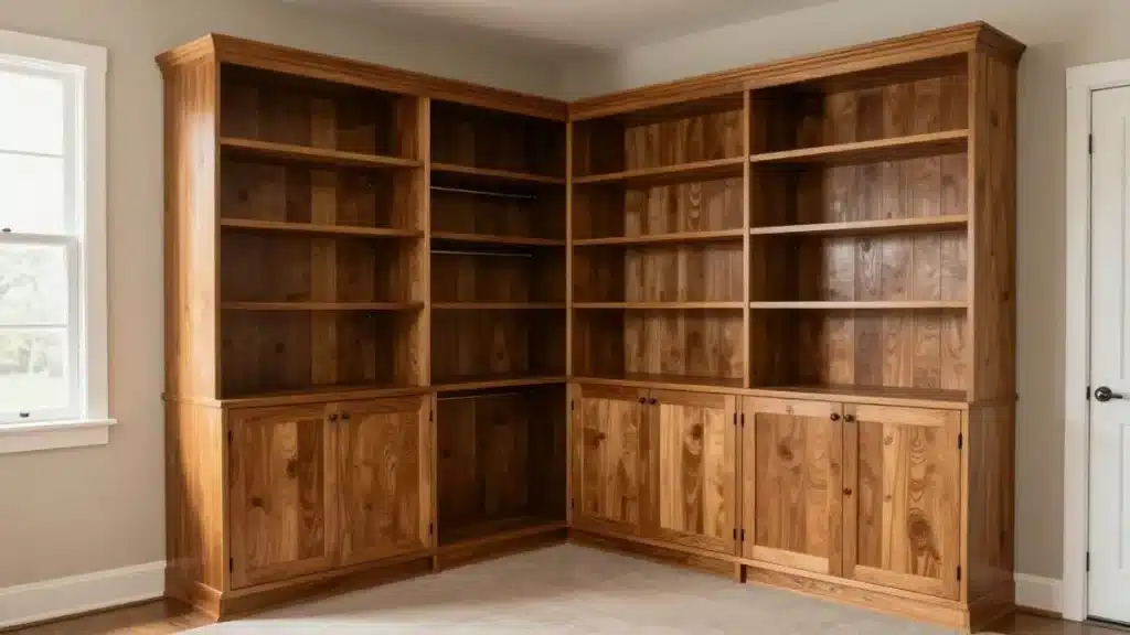 L shaped timber closet cabinetry with open shelves and base cabinets