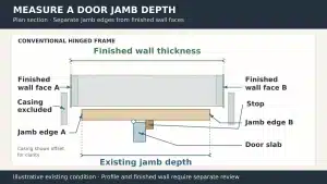 Door frame section showing jamb depth and finished wall thickness with casing excluded
