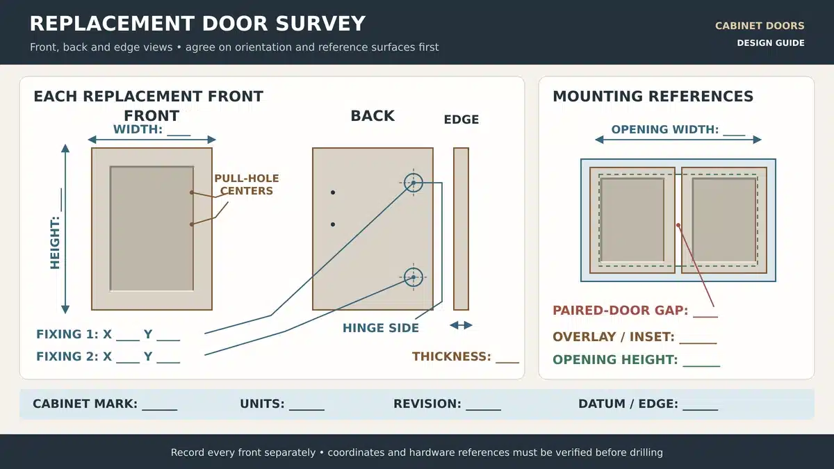 Replacement cabinet door survey showing width height thickness hinge positions pull holes and mounting references