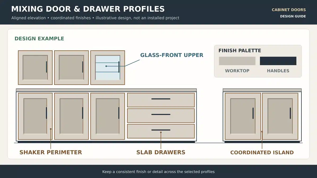 Kitchen elevation combining Shaker doors slab drawer fronts and a glass-front upper cabinet