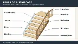Labeled staircase diagram identifying treads risers nosings stringers handrail balusters newel post landing and skirtboard