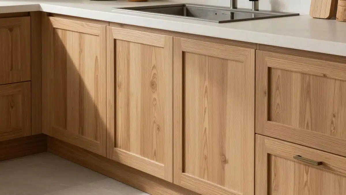 Wood-grain recessed-panel cabinet doors beneath a sink and light countertop
