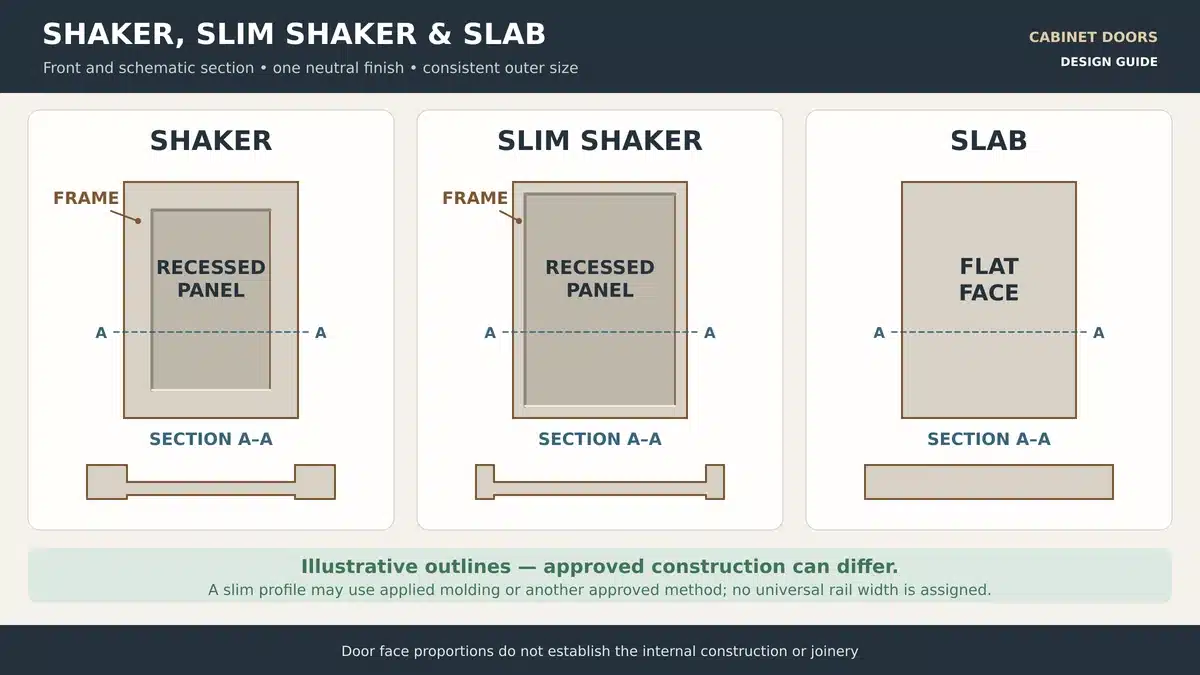 Shaker slim Shaker and slab door fronts with sections showing the frame recessed panel and flat face