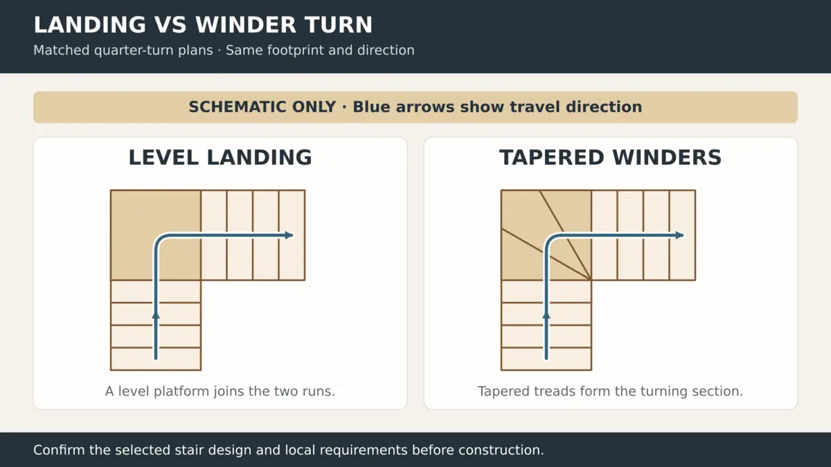 Plan comparison showing a quarter turn stair with a landing and a stair with tapered winders