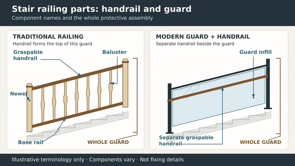 Stair railing diagram identifying newel posts balusters handrail and a guard with a separate graspable rail