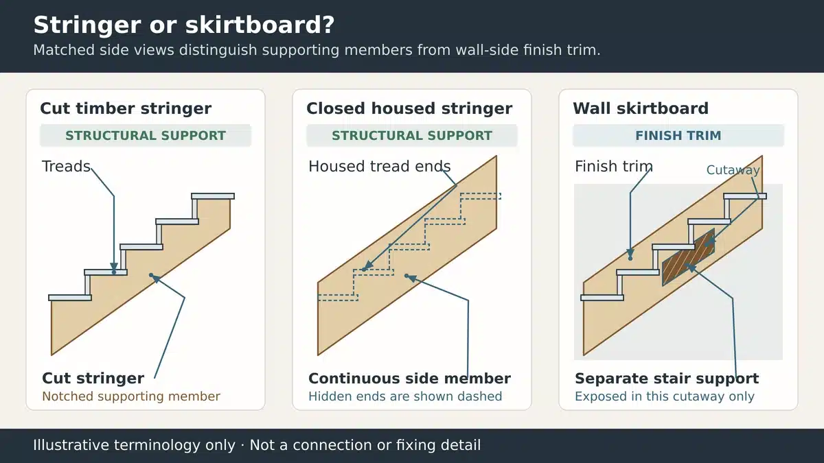 Comparison of cut stringer closed stringer and wall skirtboard trim