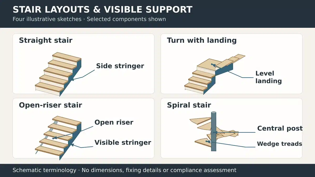Staircase examples showing straight turning open riser and spiral arrangements