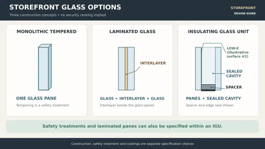 Cutaways of tempered laminated and insulating glass showing the laminate interlayer spacer and sealed cavity