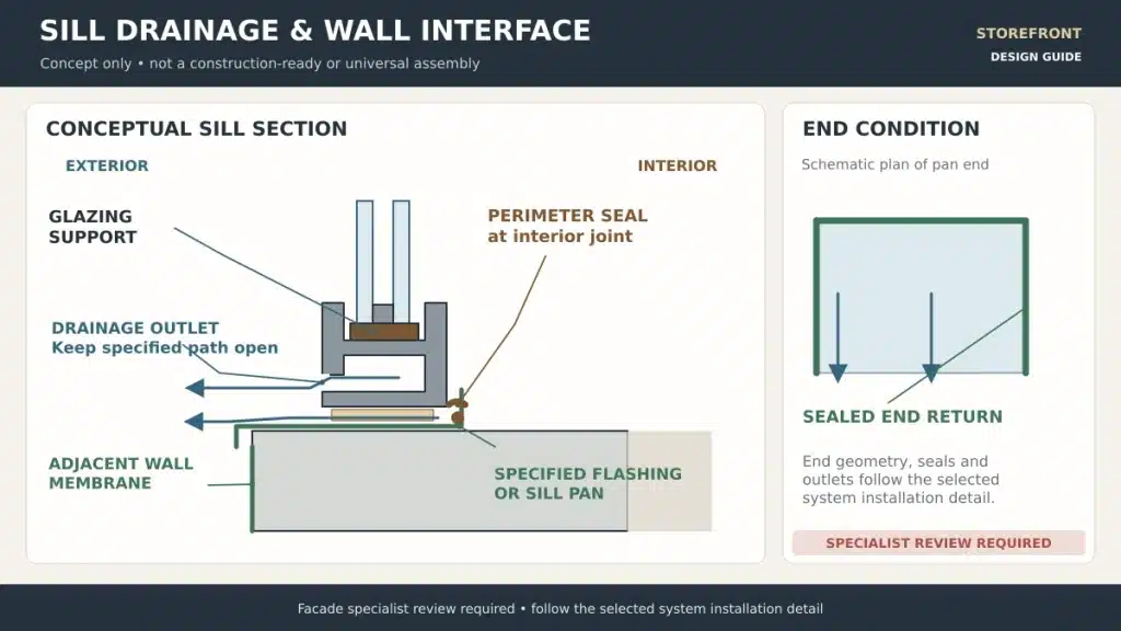 Conceptual storefront sill section showing glazing support flashing perimeter seal and drainage outlet