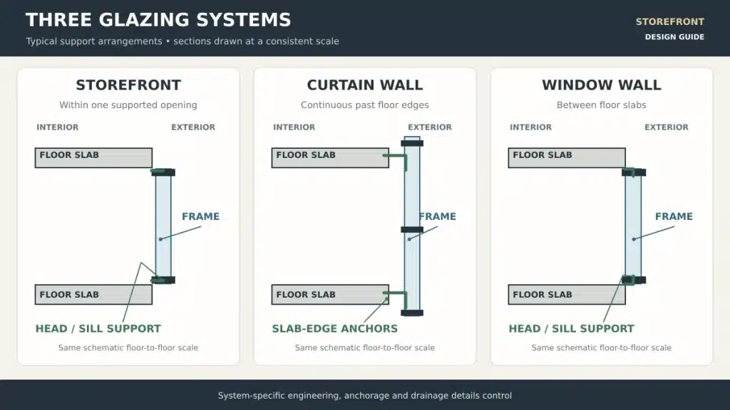 Sections comparing storefront in an opening curtain wall beyond floor edges and window wall between slabs