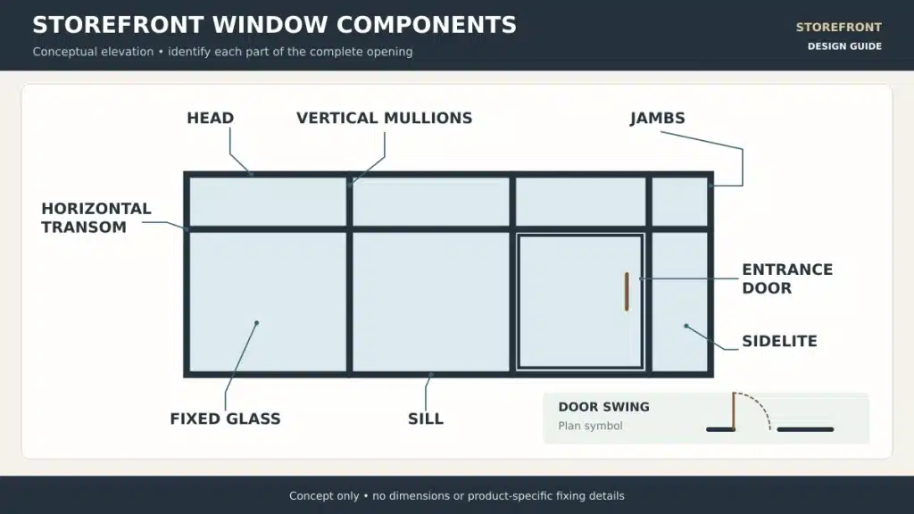 Storefront elevation identifying the head sill mullions transom entrance door and sidelite