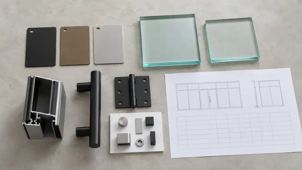 Aluminum finish and glass samples beside a frame section hardware reference and storefront opening schedule