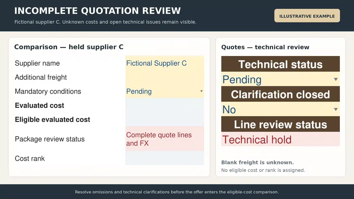 Quotation review with unconfirmed freight and a pending technical clarification holding the evaluated result