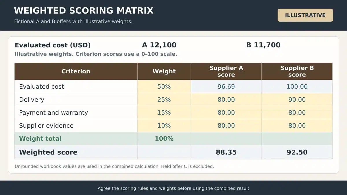 Supplier evaluation matrix with criterion scores and weights totaling one hundred percent